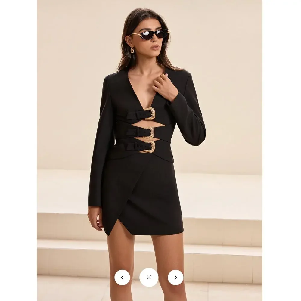 Commense Metal Buckle Cut-Out Top and Skirt Set Sz S